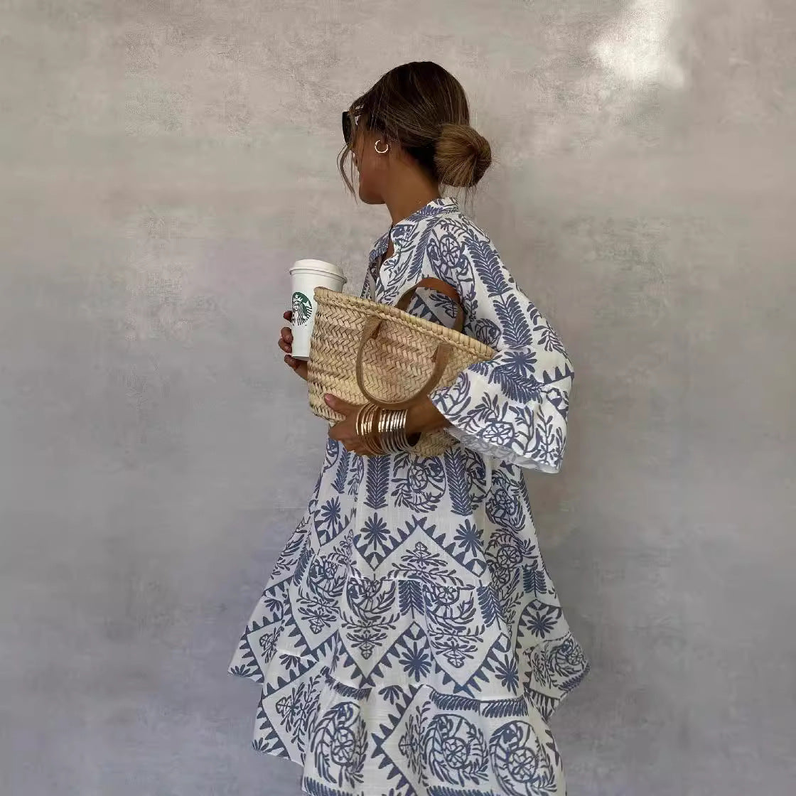 Ivyshape | Printed V-Neck Bell Sleeves Tiered Loose Mini Dress