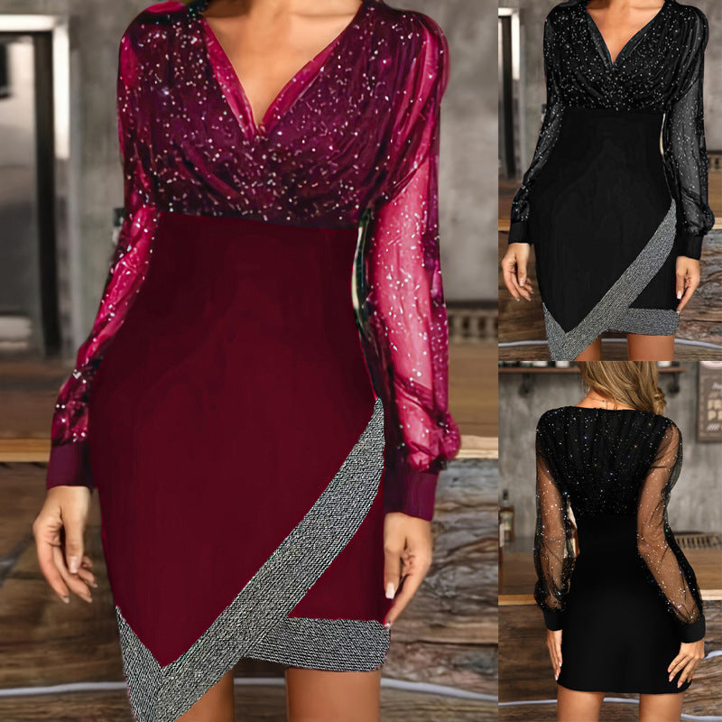 Ladies stylish wrap dress with glitter accents and transparent sleeve look Ivyshape