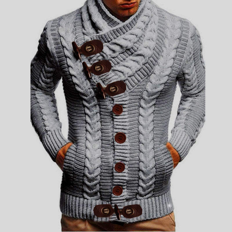 Men's chunky knit cardigan with creative shawl collar and button details Ivyshape