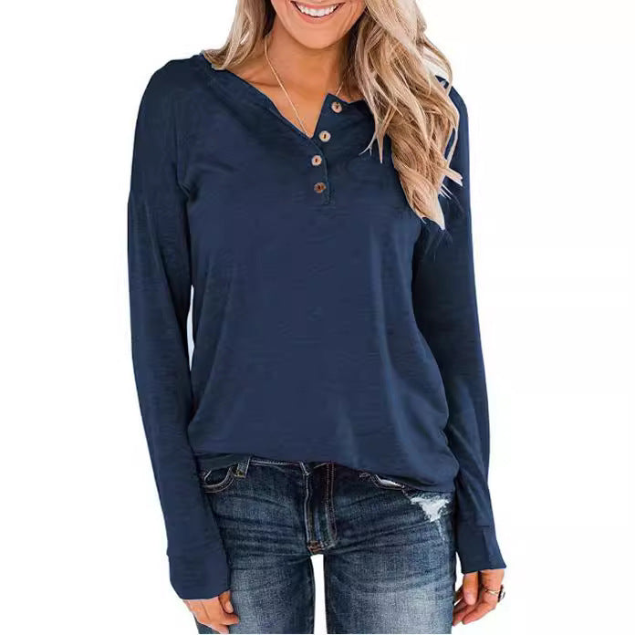 Women's Fashion Long Sleeve Henley Shirt with Button Placket Ivyshape