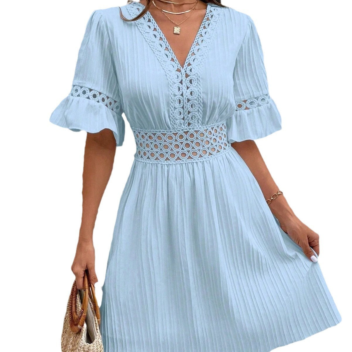 Women Elegant Midi Dress with Unusual V-Neck and Feminine Ruffle Detail Ivyshape