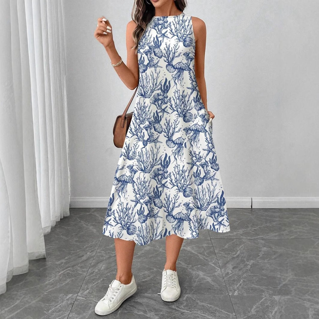 Women's summer midi dress with maritime pattern and beautiful cut Ivyshape