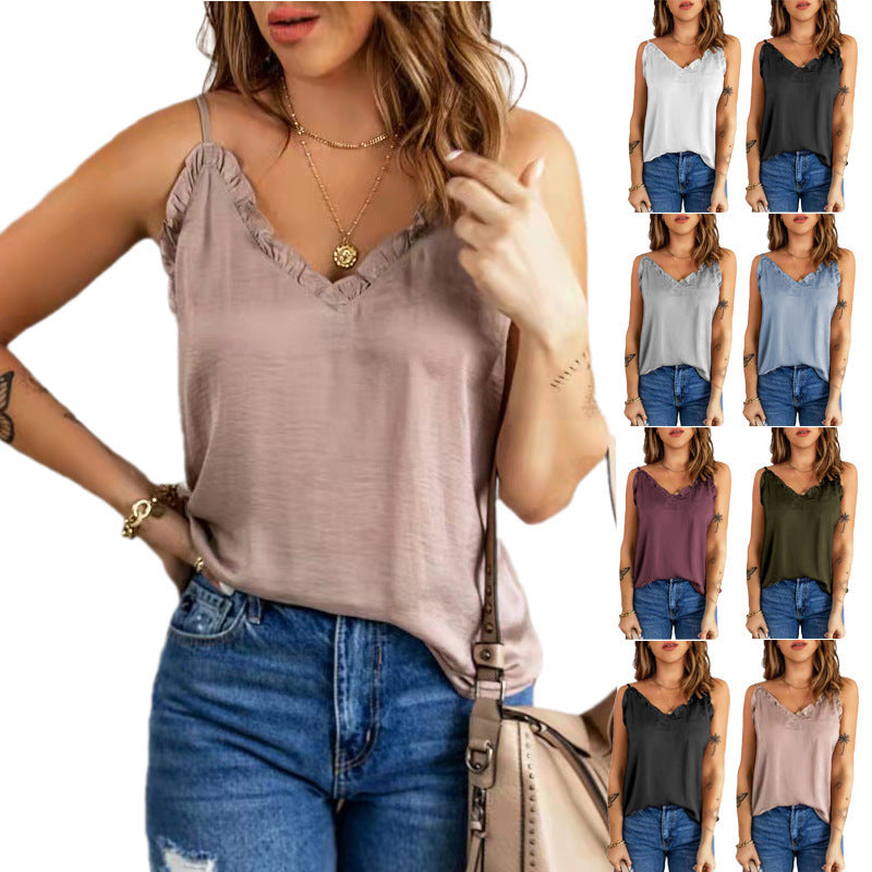 Ladies casual tank top with frayed V-neck Ivyshape