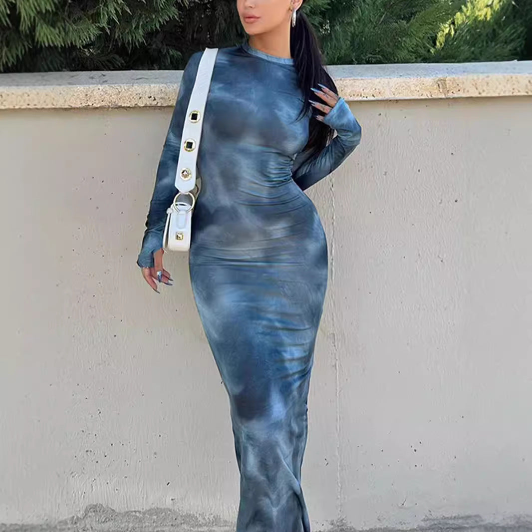 Women's fitted long sleeve dress in modern tie-dye design Ivyshape