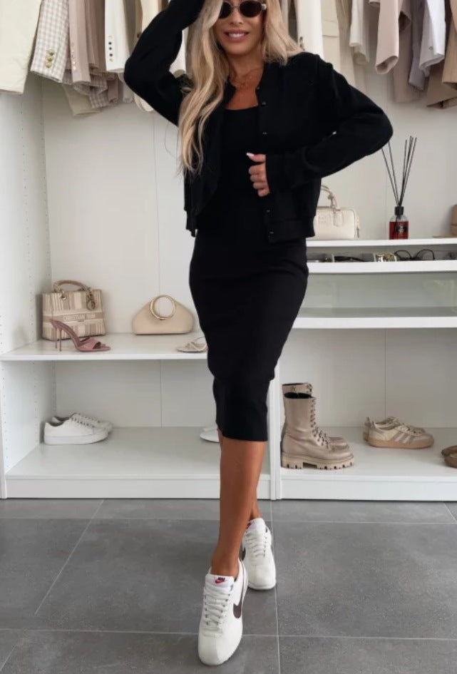 Women's midi dress with elegant waist insert and casual cardigan jacket Ivyshape