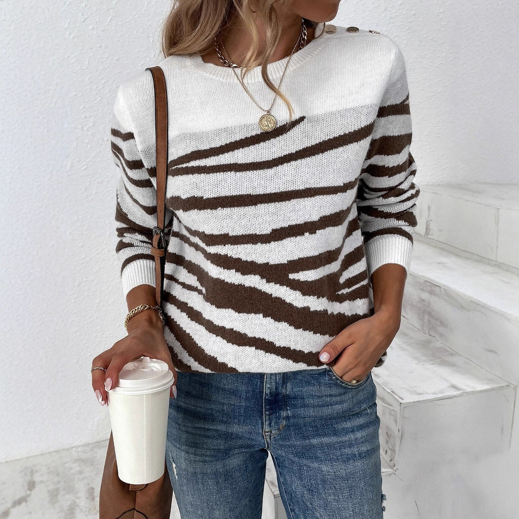 Women’s cozy knitted sweater with modern zebra stripe pattern and comfortable fit Ivyshape