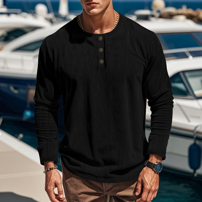 Men's Long Sleeve Henley Shirt with Textured Design and Button Details Ivyshape