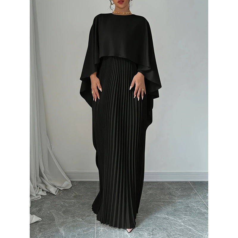 Elegant Women's Maxi Dress with Pleats and Cape Overlay Ivyshape