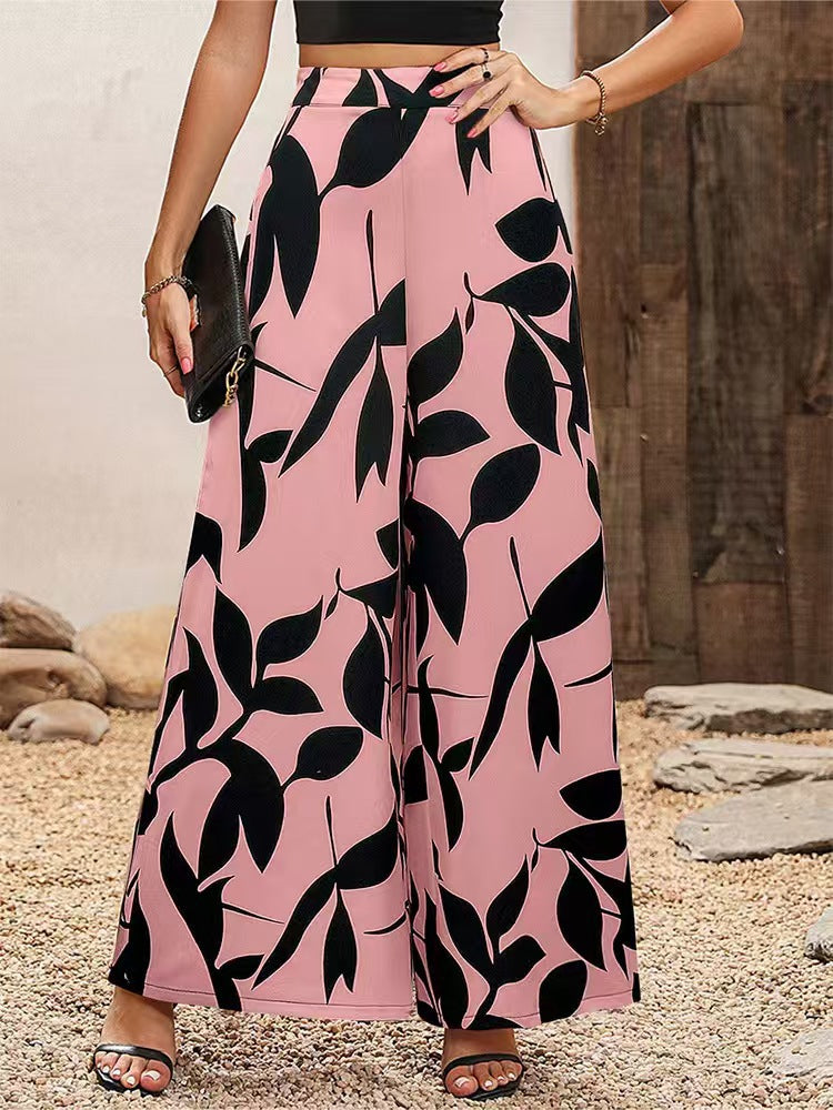 Women Wide Cut Palazzo Pants with Floral Pattern and Elegant Waistband Ivyshape