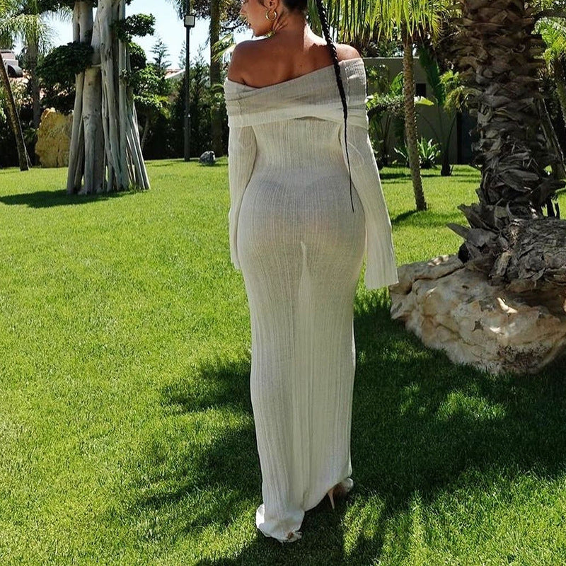 Women Figure-hugging Evening Dress with Off-Shoulder Design and Long Sleeves Ivyshape