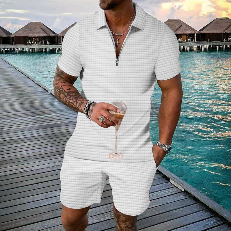 Men's fashionable short sleeve set with narrow collar and practical zipper Ivyshape
