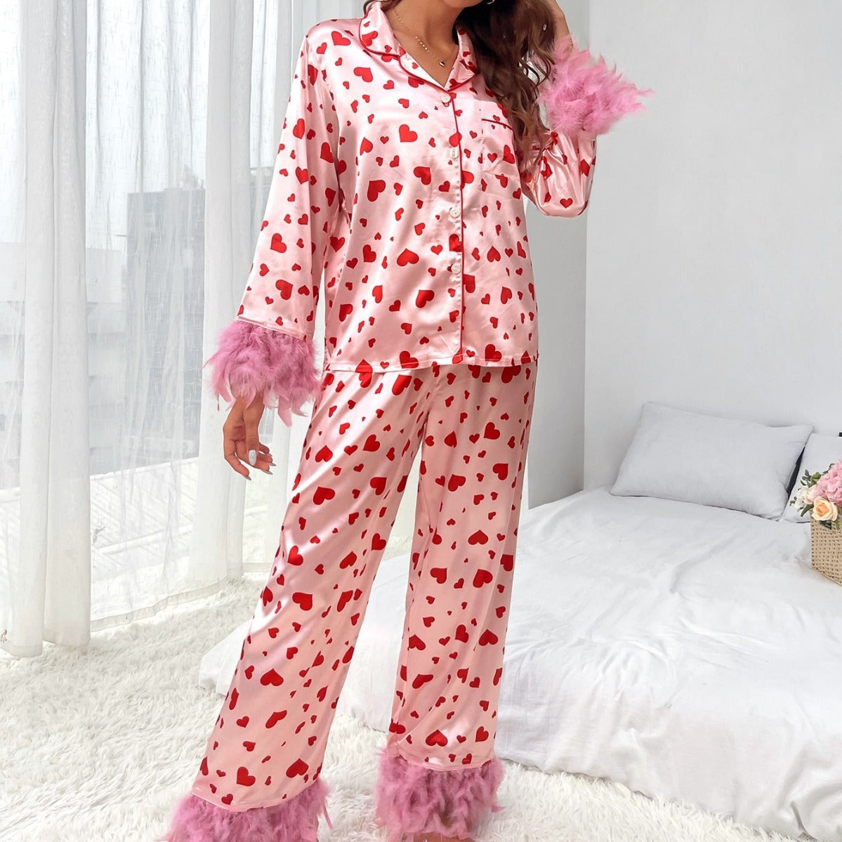 Ivyshape | Heart Print Long Pants Home Suit