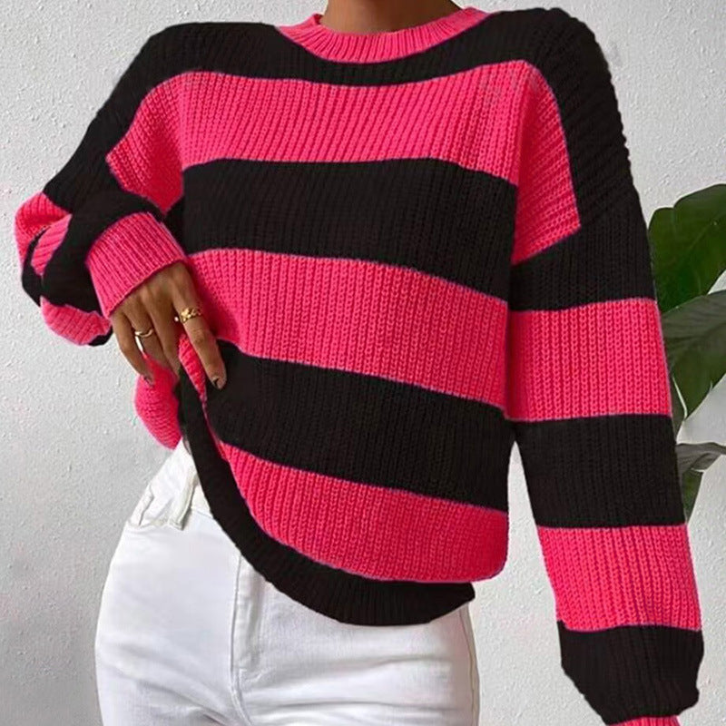 IvyShape | Striped Loose Long Sleeve Knit Sweater