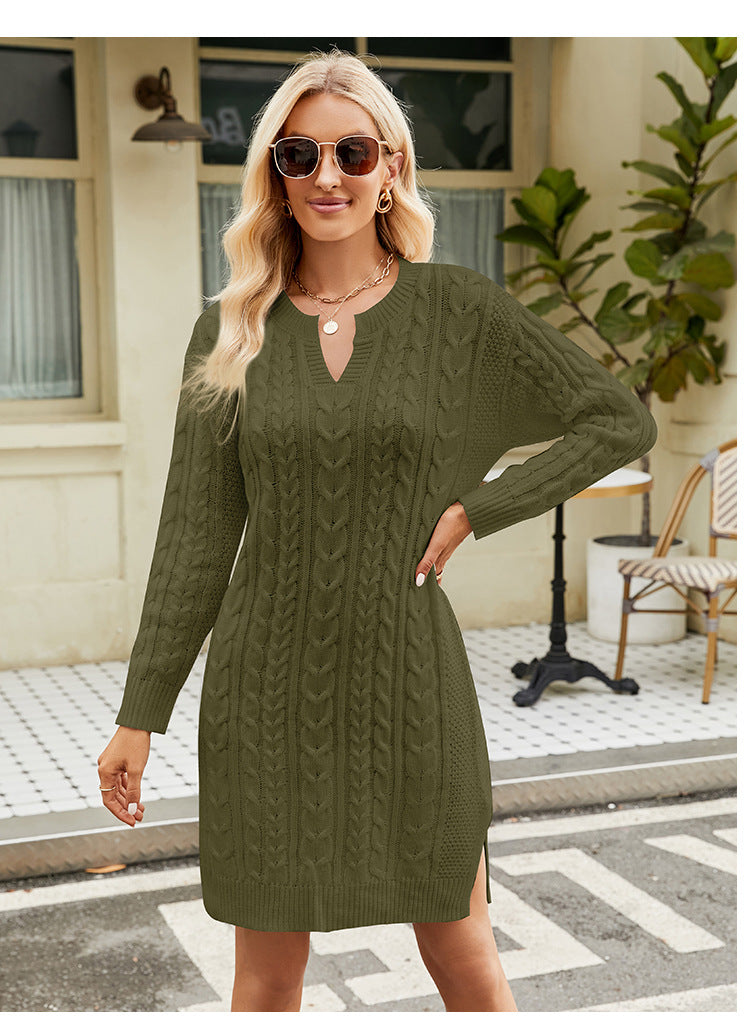 IvyShape | Cable Knit Solid Split Sweater Dress