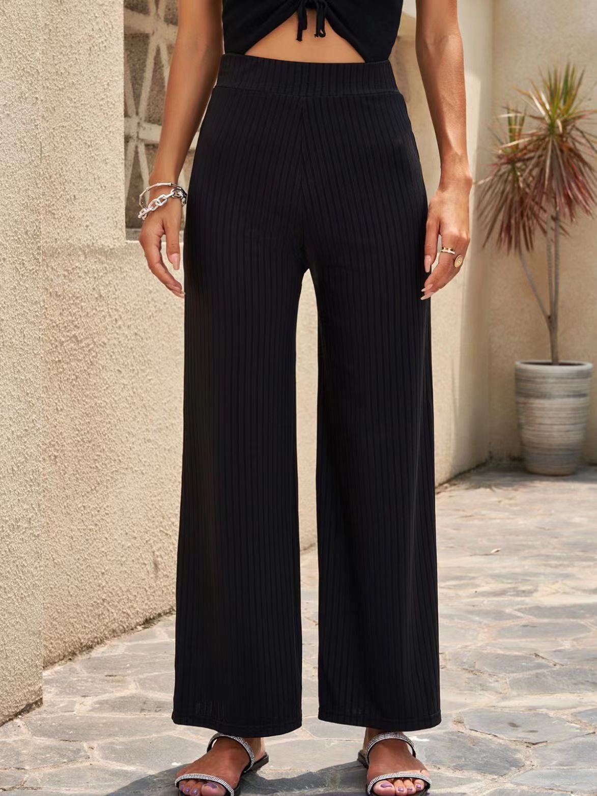 Ladies wide, striped pleated trousers with high waistband and elastic waistband Ivyshape