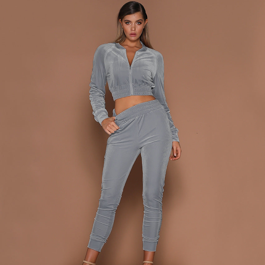 Ladies Velour Loungewear Set with high-collar jacket and elastic waistband Ivyshape