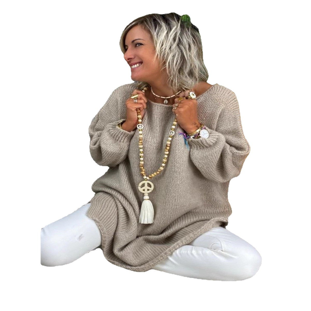 Women's casual long sleeve knitted sweater in oversized style with side slits Ivyshape