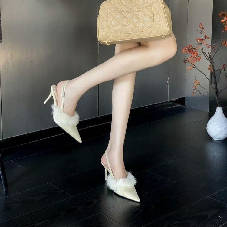 Women’s slingback pumps with luxurious fur trim and elegant pointed design Ivyshape
