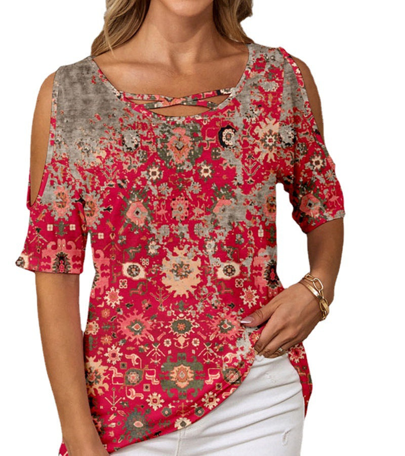 IvyShape | Ethnic Print Off-Shoulder Short-Sleeve T-Shirt