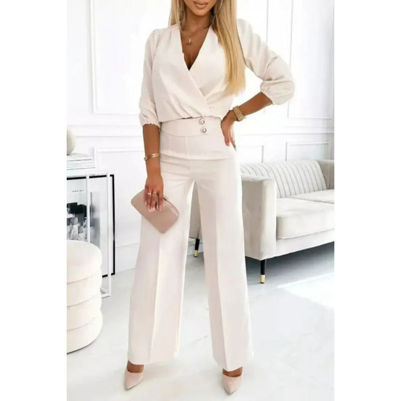 Ladies elegant jumpsuit with wrap top and wide leg Ivyshape