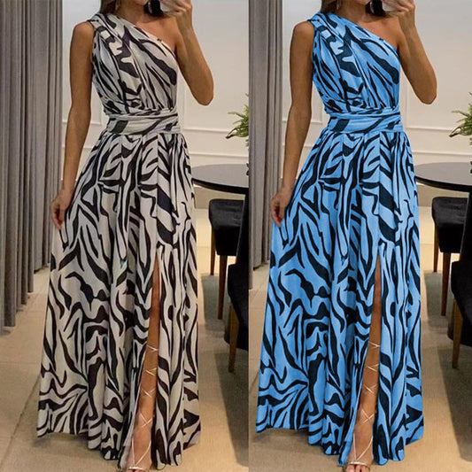 IvyShape | Alluring Backless One-Shoulder Printed Long Dress