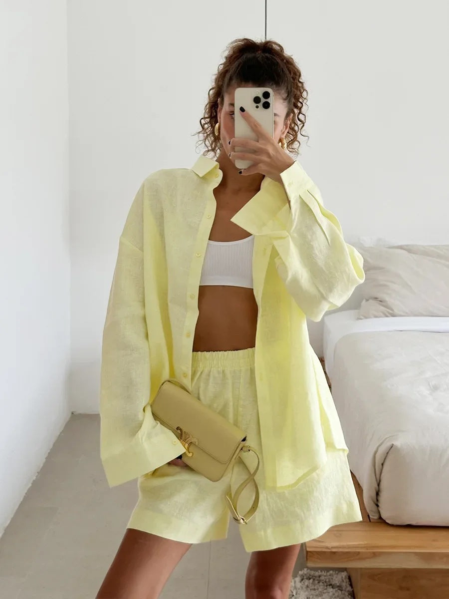 Women casual linen set with loose blouse and shorts Ivyshape