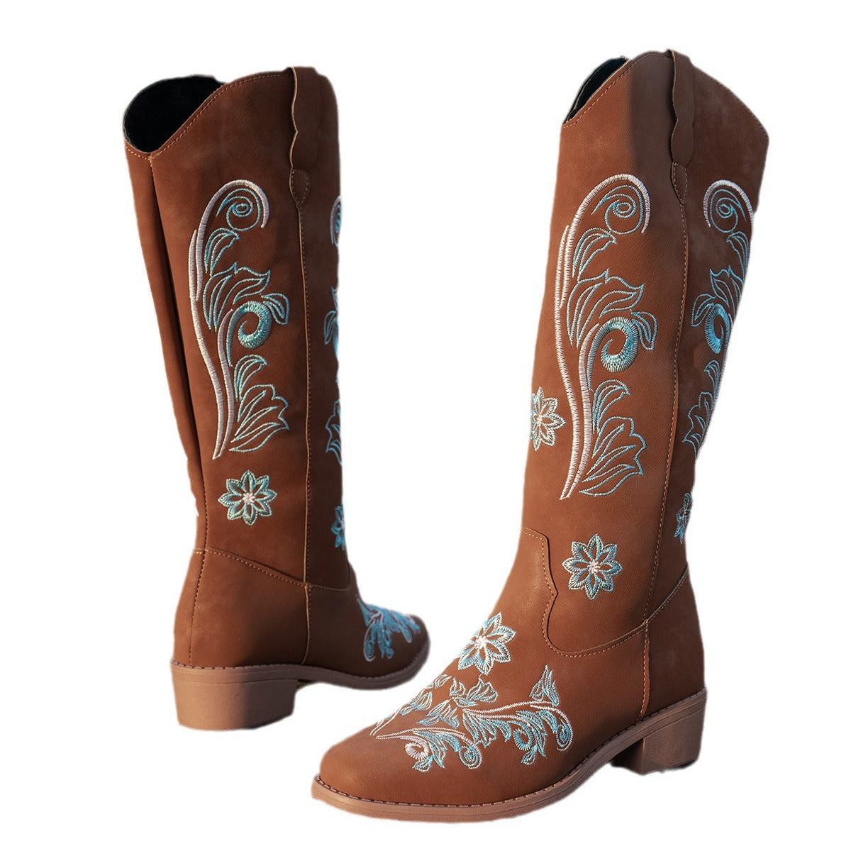 Women's cowboy boots with handmade floral details and comfortable block heel Ivyshape