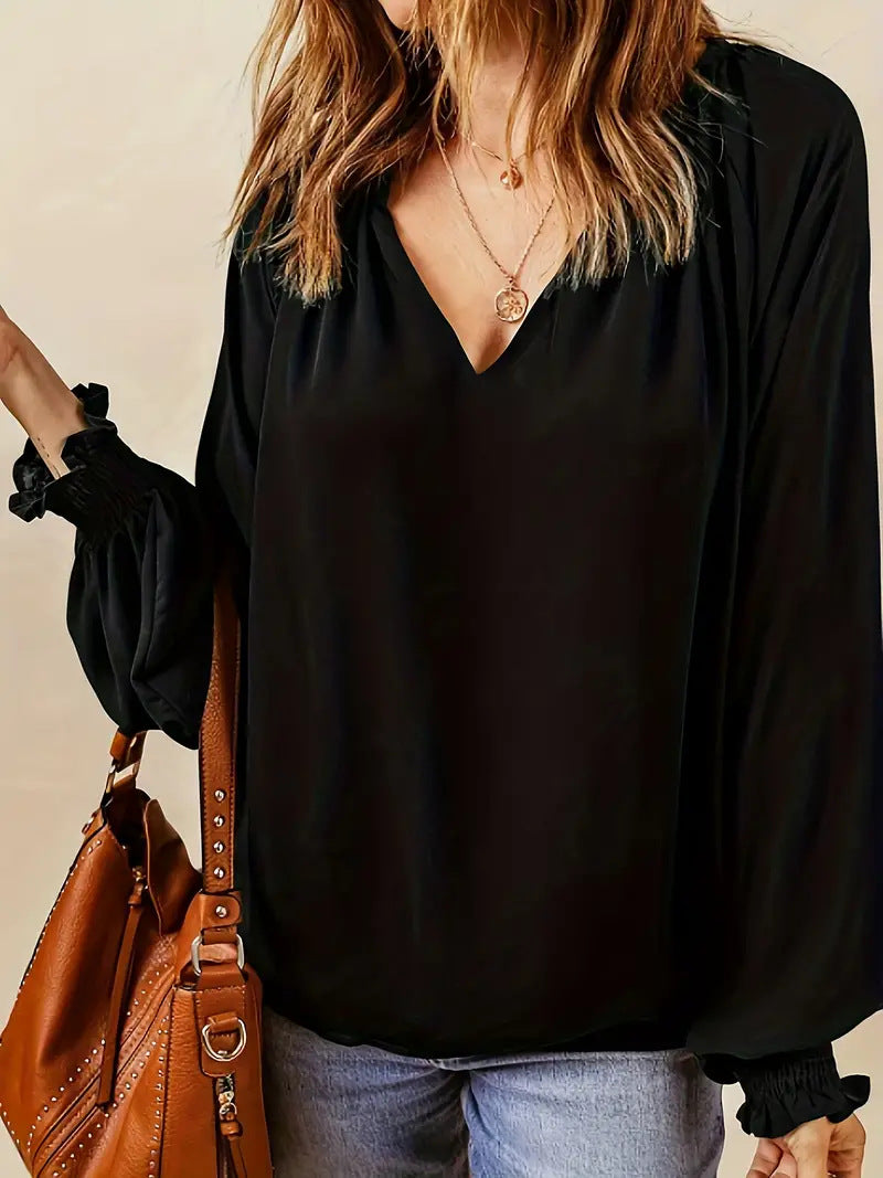 Women Elegant V-Neck Blouse with Puff Sleeves Ivyshape