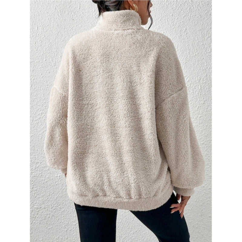 Ladies Fluffy Teddy Pullover with Half Zip and Kangaroo Pocket Ivyshape