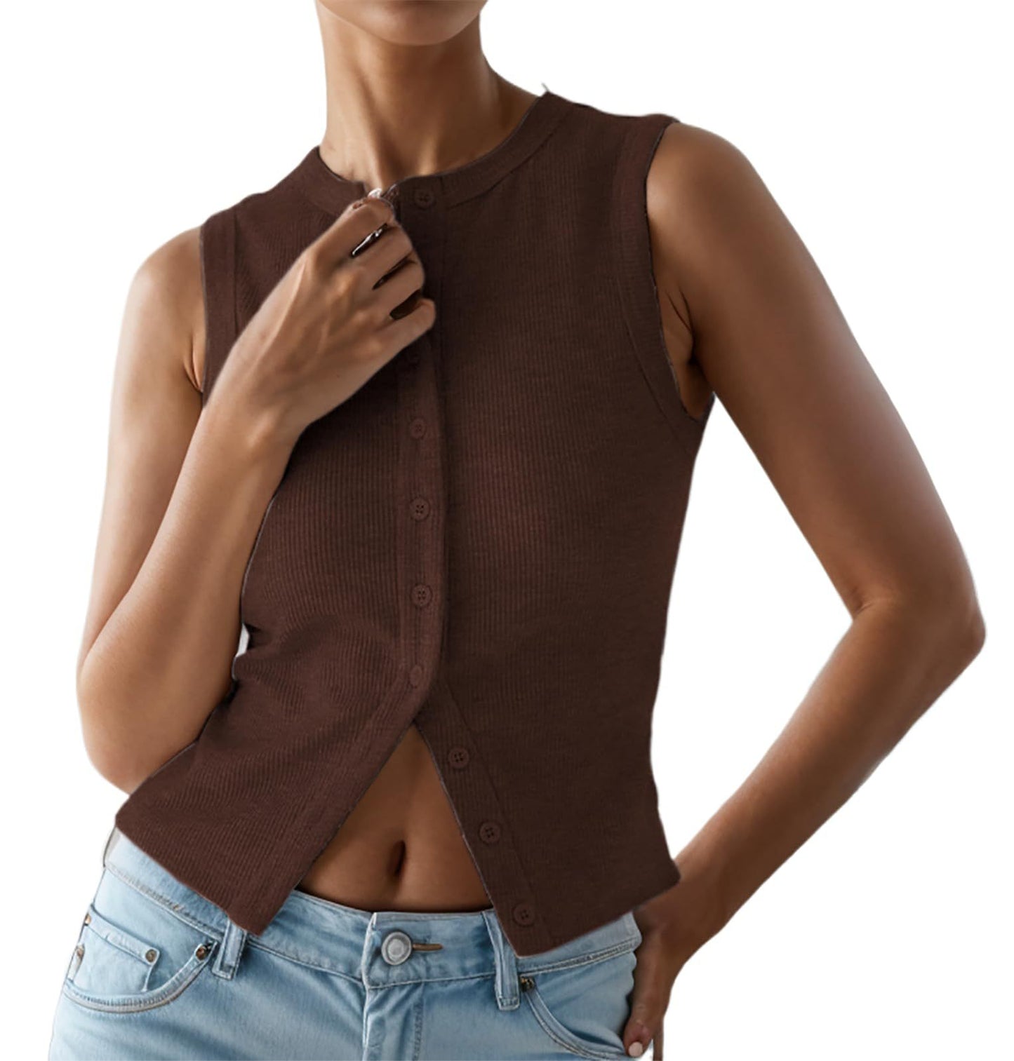 Ladies Short Sleeve Ribbed Knit Top with Button Placket Ivyshape