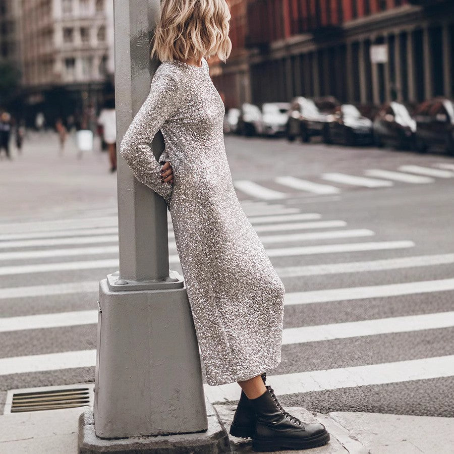 IvyShape | Simple Sequin Street Style Long Sleeve Fashion Dress