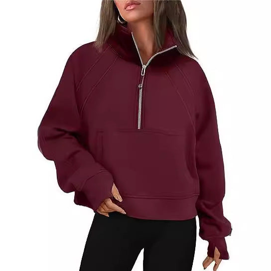 Women Sporty Sweater with High Collar and Zipper Ivyshape