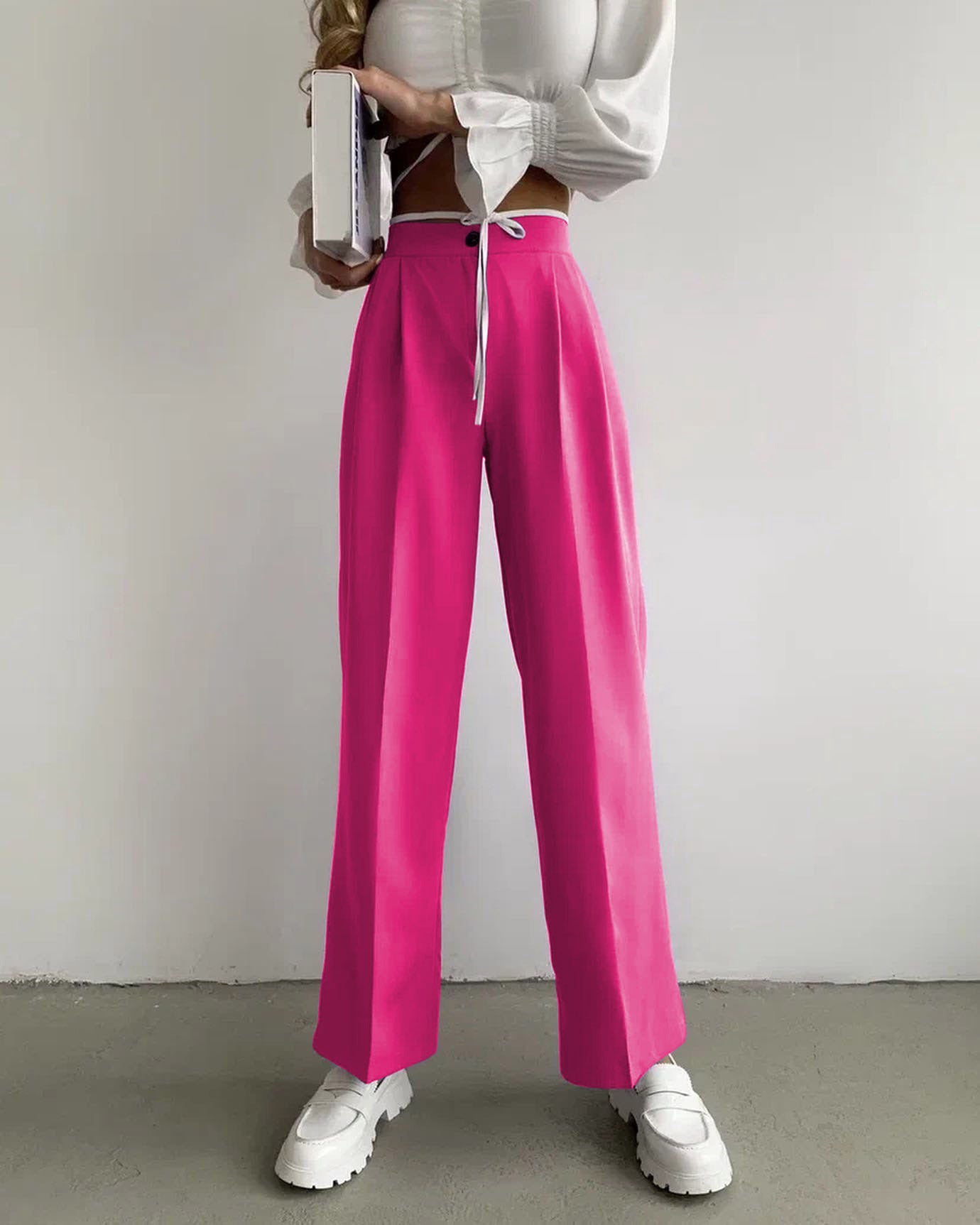 Women's wide classic trousers with high waistband and practical ties Ivyshape