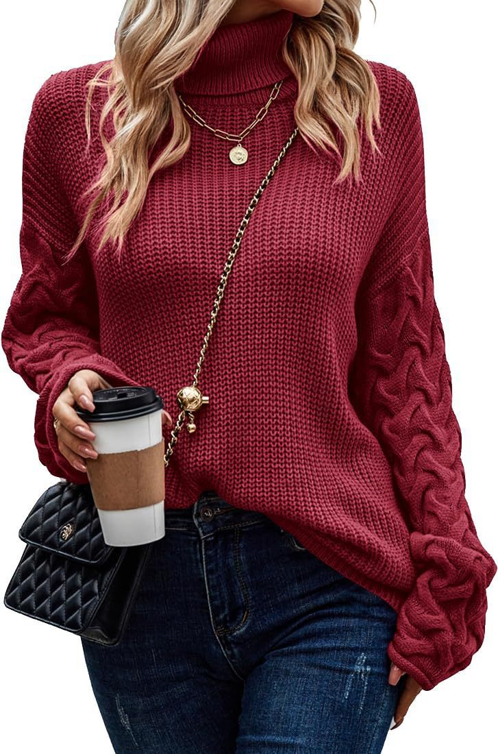 IvyShape | Fashionable Turtleneck Loose Cable Knit Long Sleeve Sweater