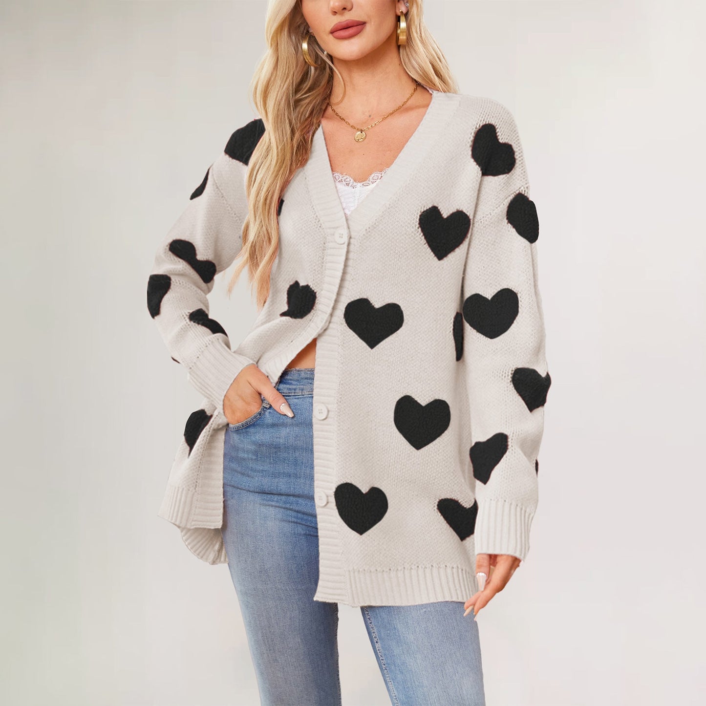 IvyShape | Valentine's Day V-neck Heart Cardigan