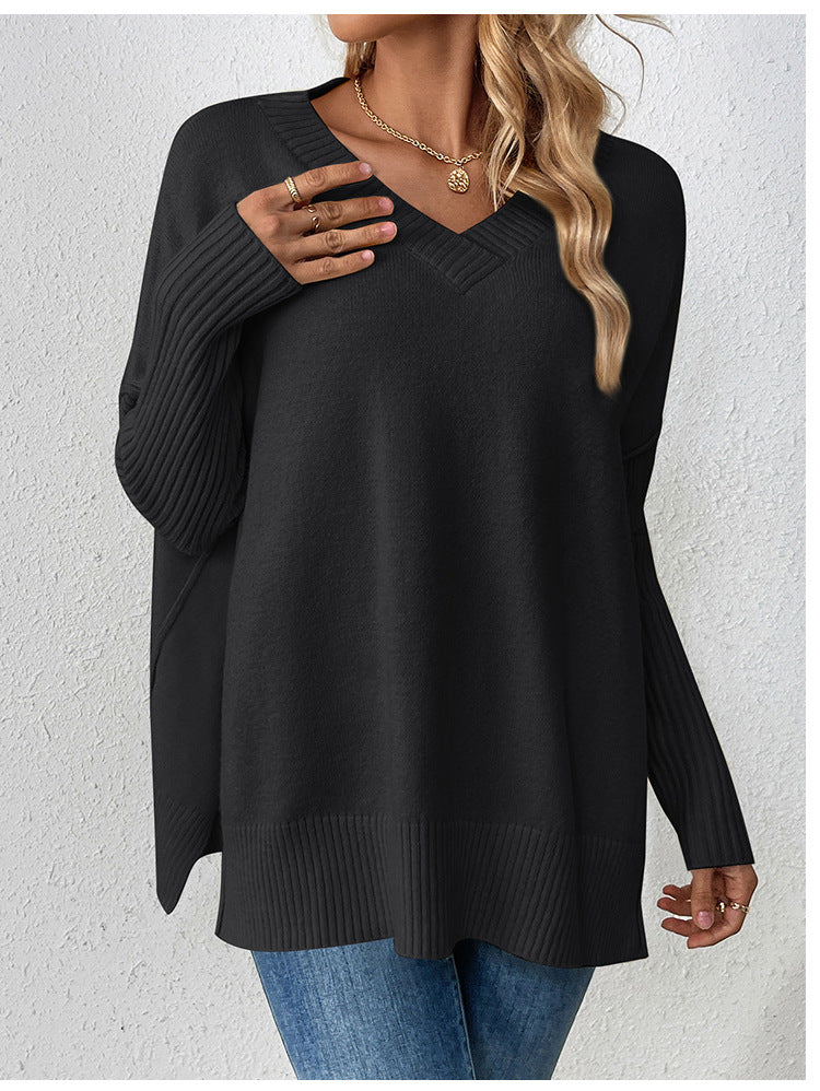 IvyShape | V-Neck Split Long Sleeve Knit Sweater