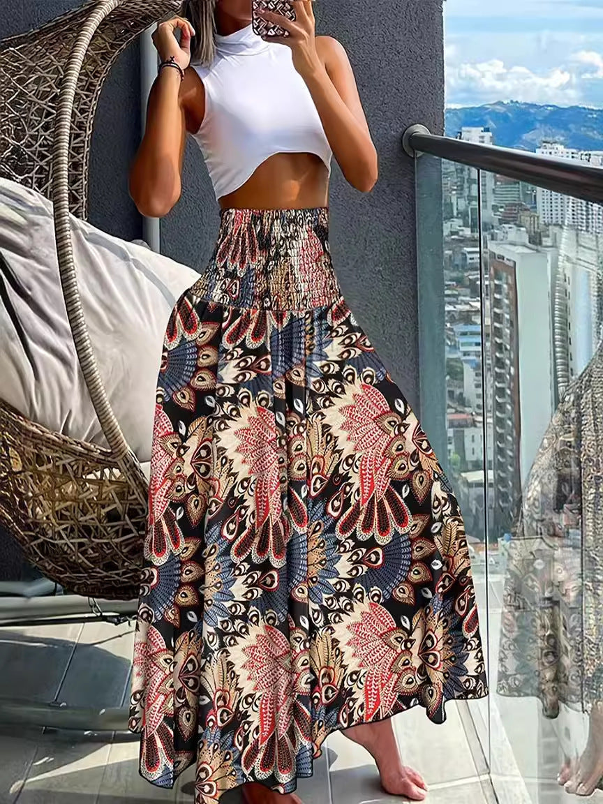 IvyShape | Printed Elastic Waist Large Swing A-Line Skirt