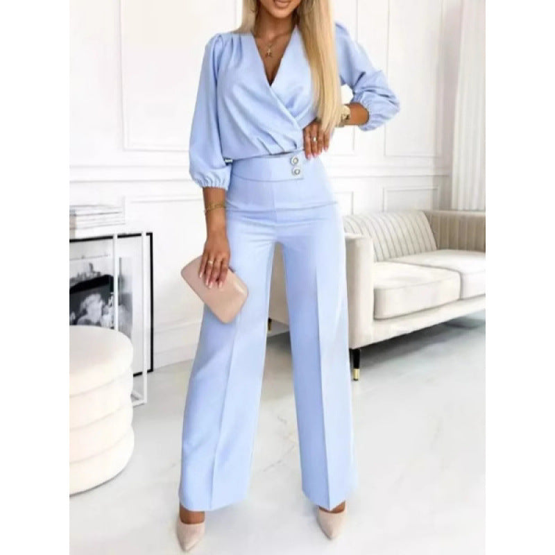 Ladies elegant jumpsuit with wrap top and wide leg Ivyshape