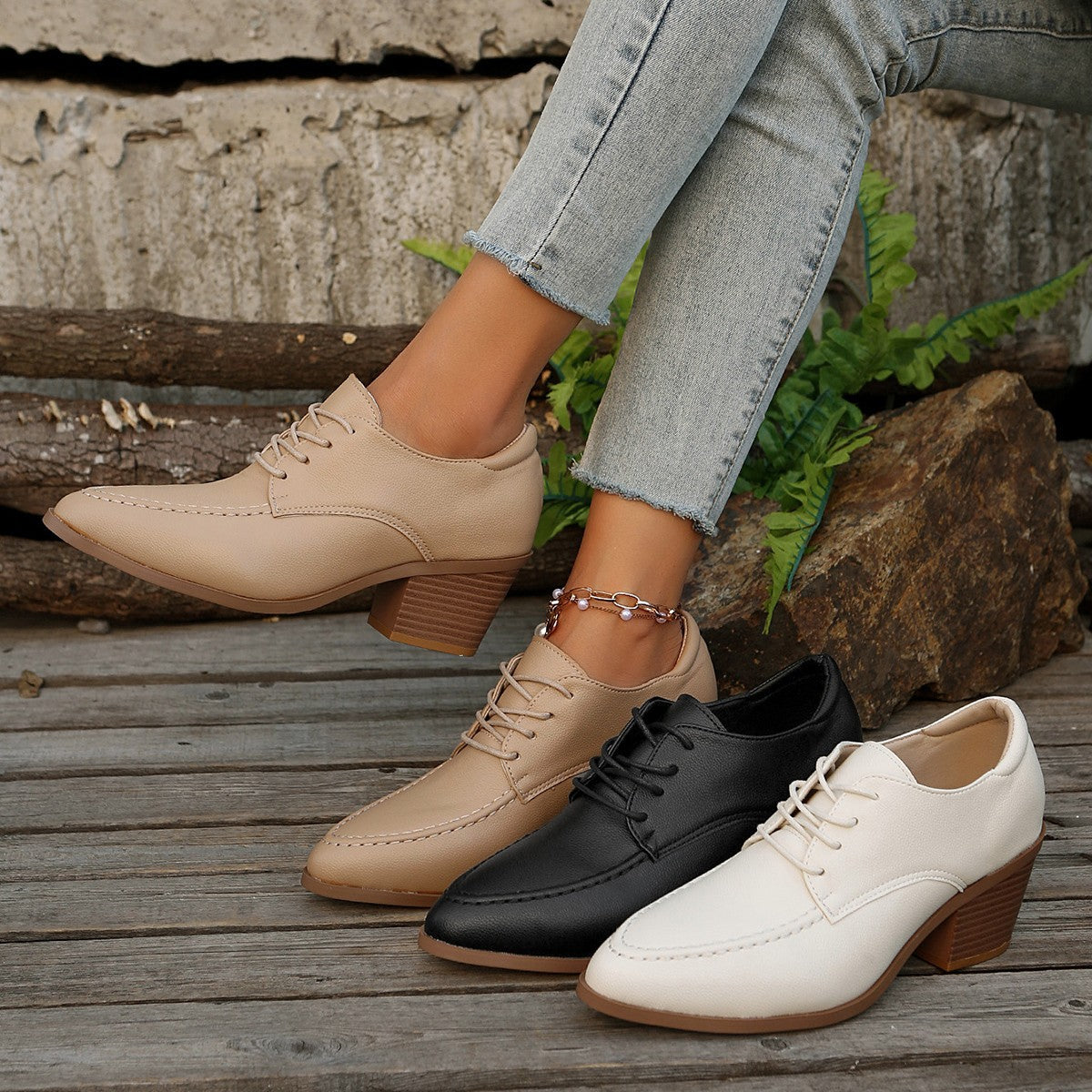 Women's lace-up shoes with elegant block heel and fine leather Ivyshape