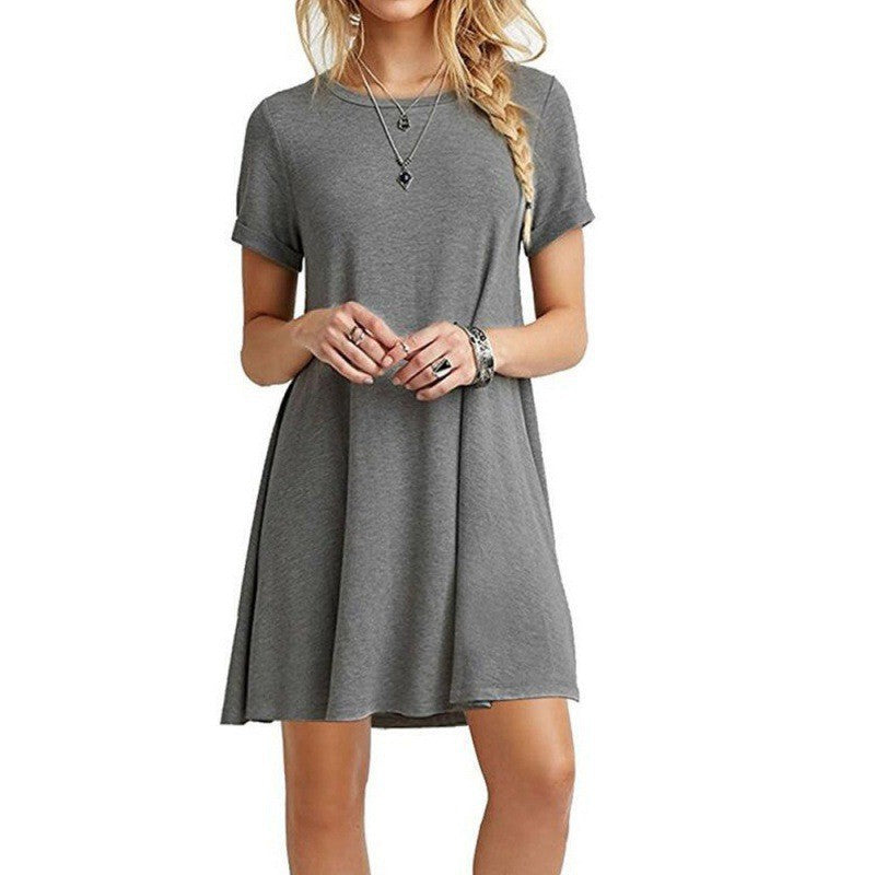 Ladies loose fitting casual dress with round neckline and short sleeves Ivyshape