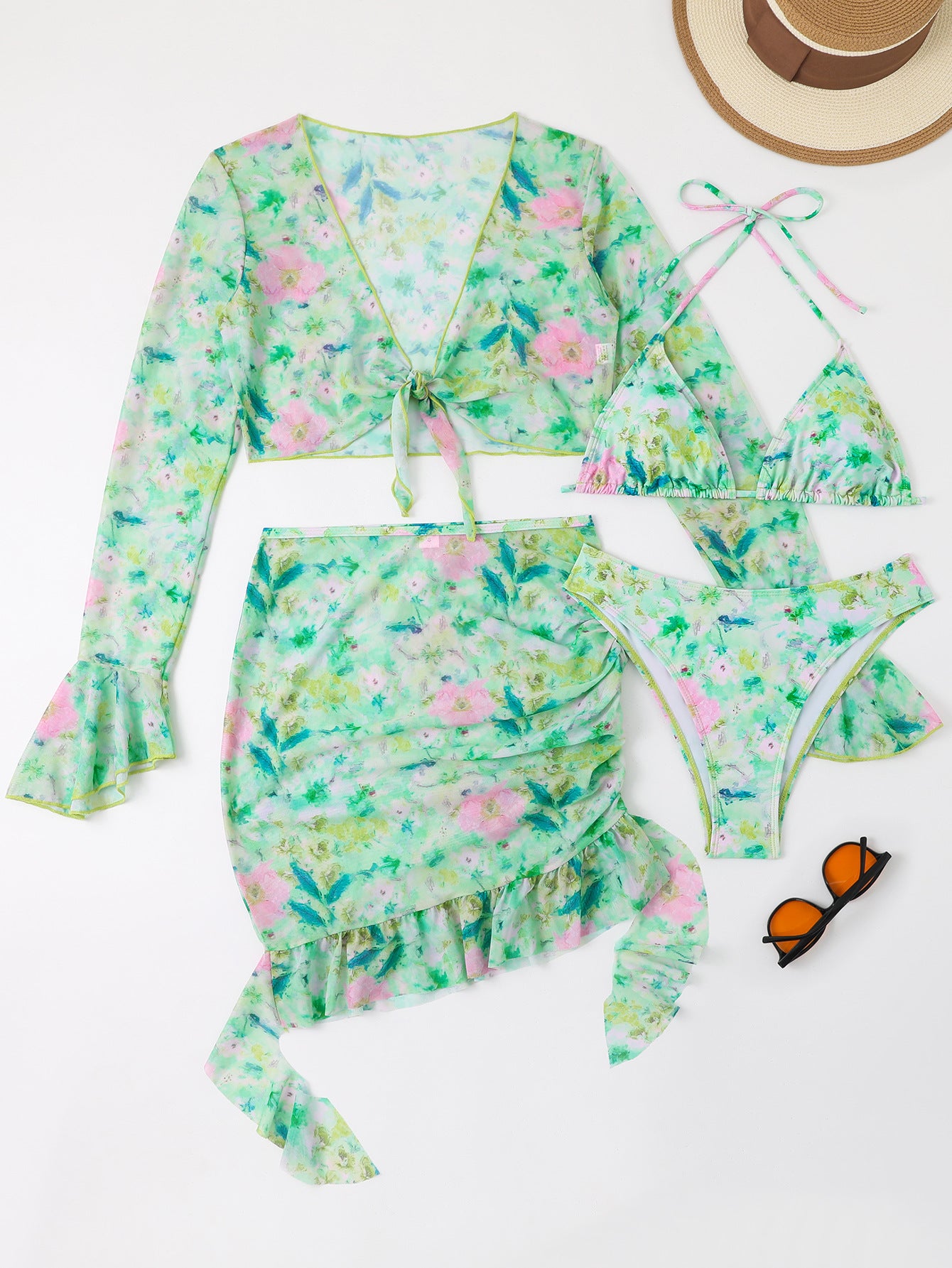 Women’s swimwear set with floral cover-up and triangle bikini Ivyshape