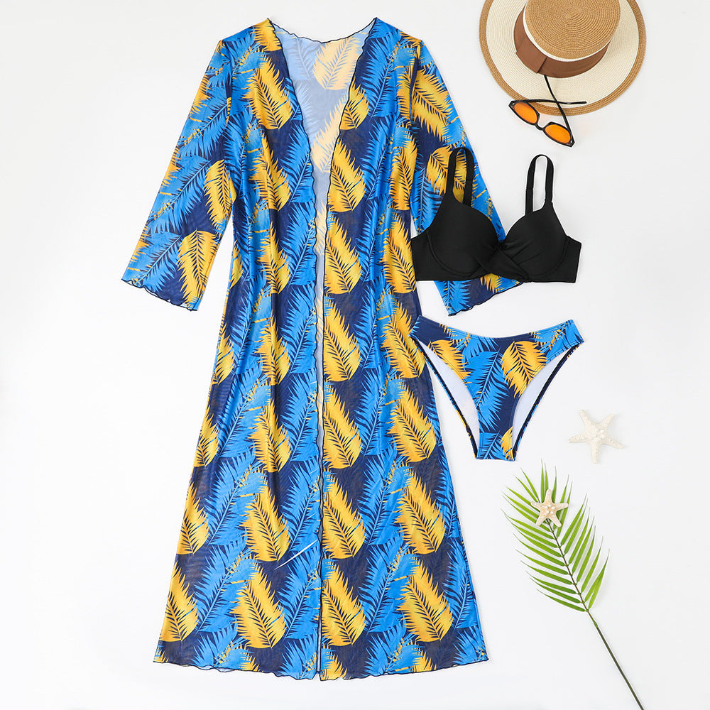 Women’s beach dress with contrasting bikini set and tropical pattern Ivyshape