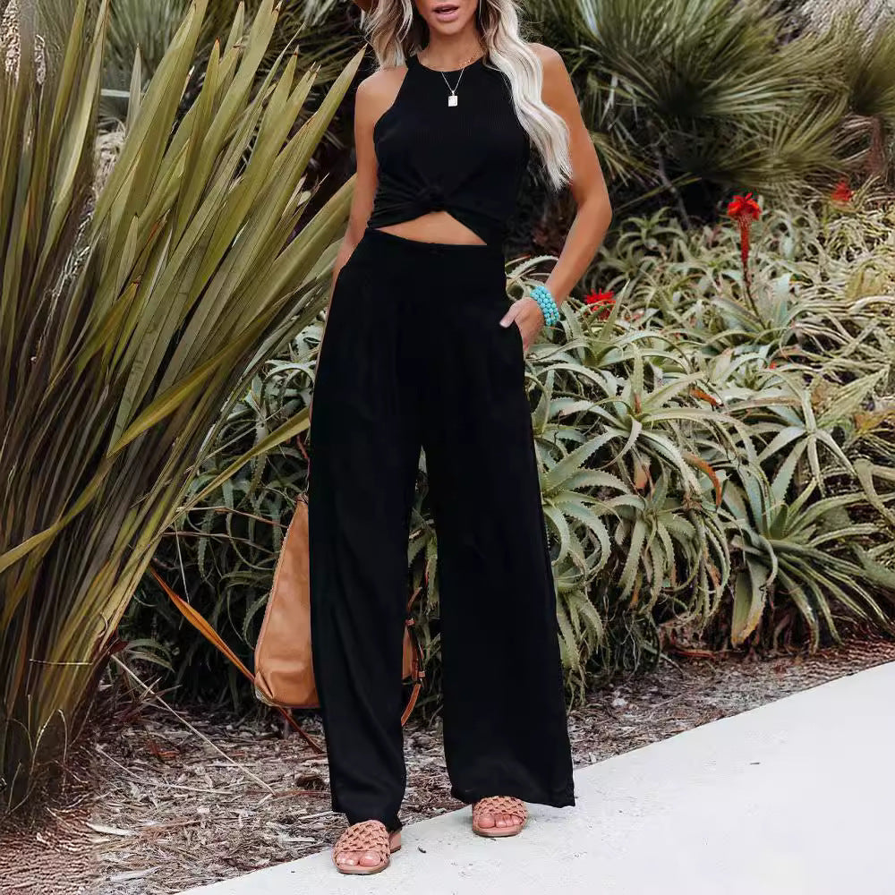 Women wide linen pants with elastic waistband and pleats Ivyshape