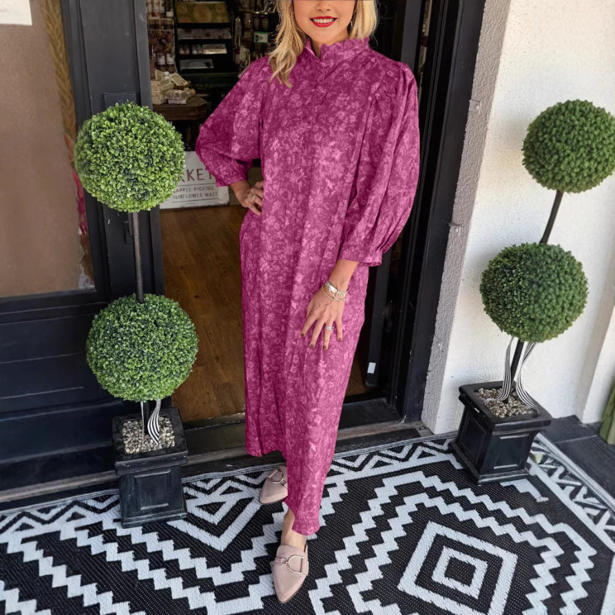 Women Elegant Maxi Dress with Stand Collar and Wide Sleeves Ivyshape