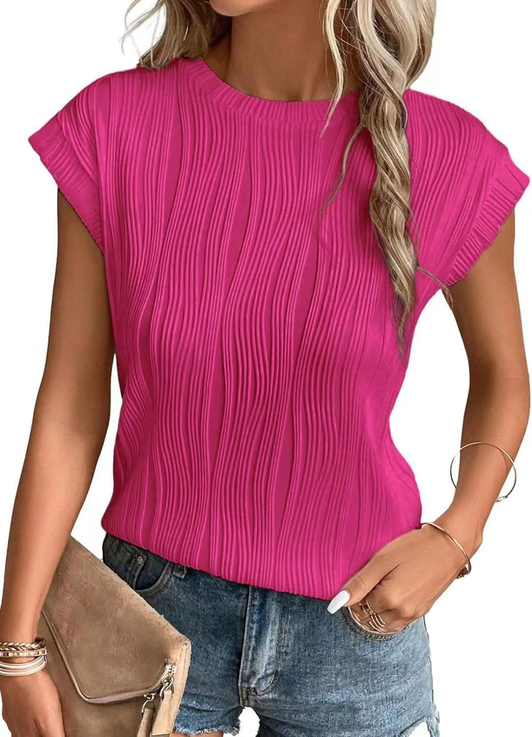 Women Structured Short Sleeve Blouse with Elegant Wave Look Ivyshape