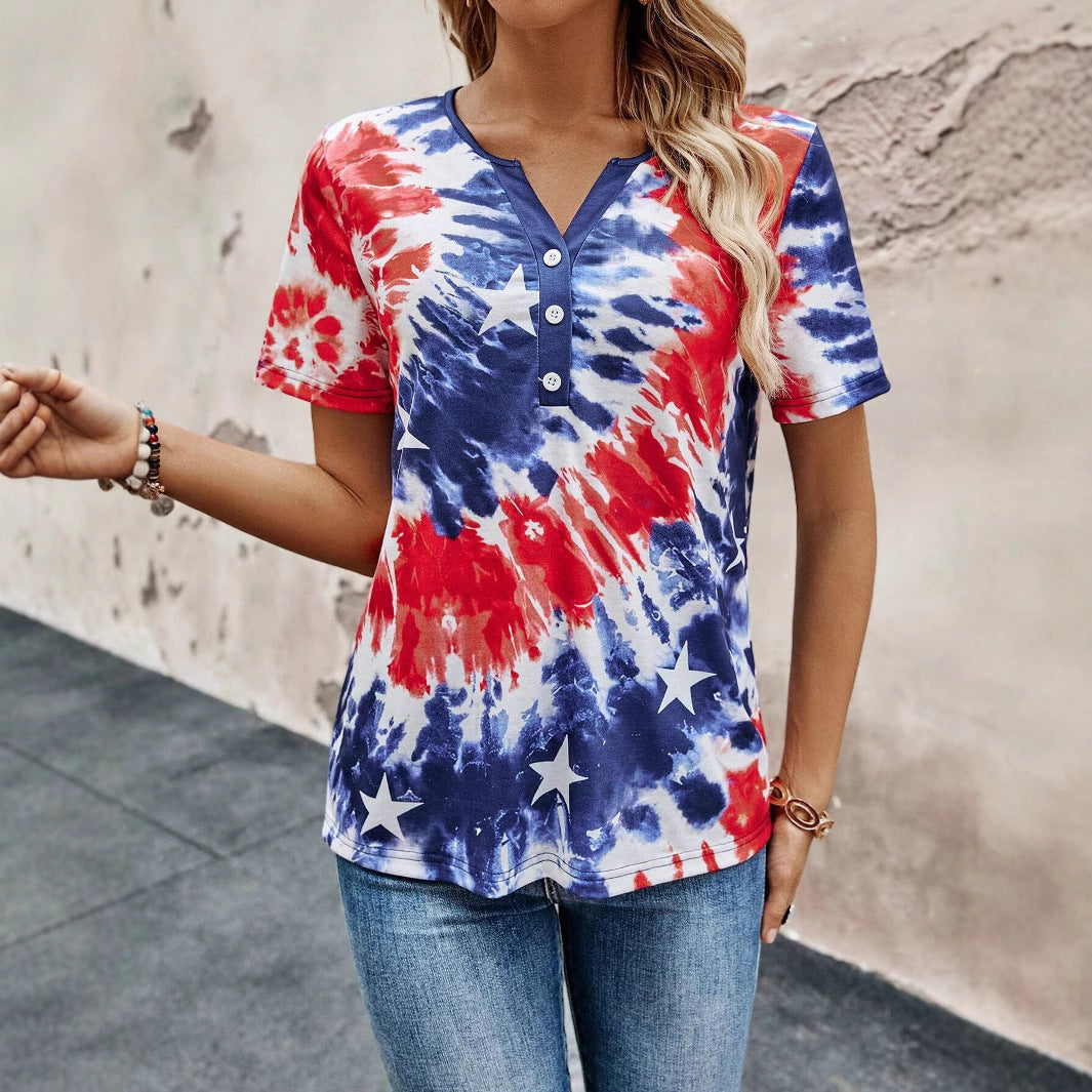 Women’s Short Sleeve T-Shirt with Buttoned Neckline and Playful Tie-Dye Design Ivyshape
