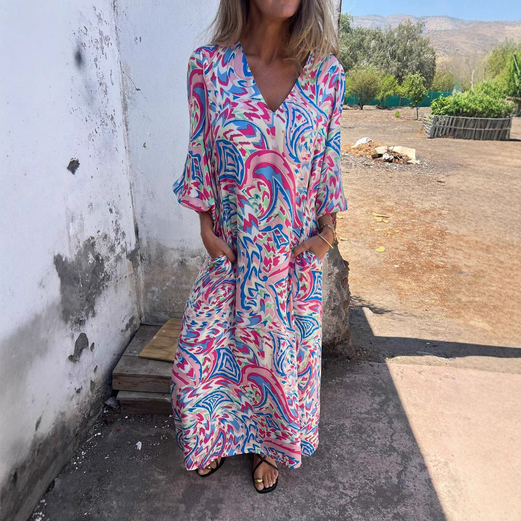 Women Long Sleeve Dress with V-Neck and Practical Pockets Ivyshape