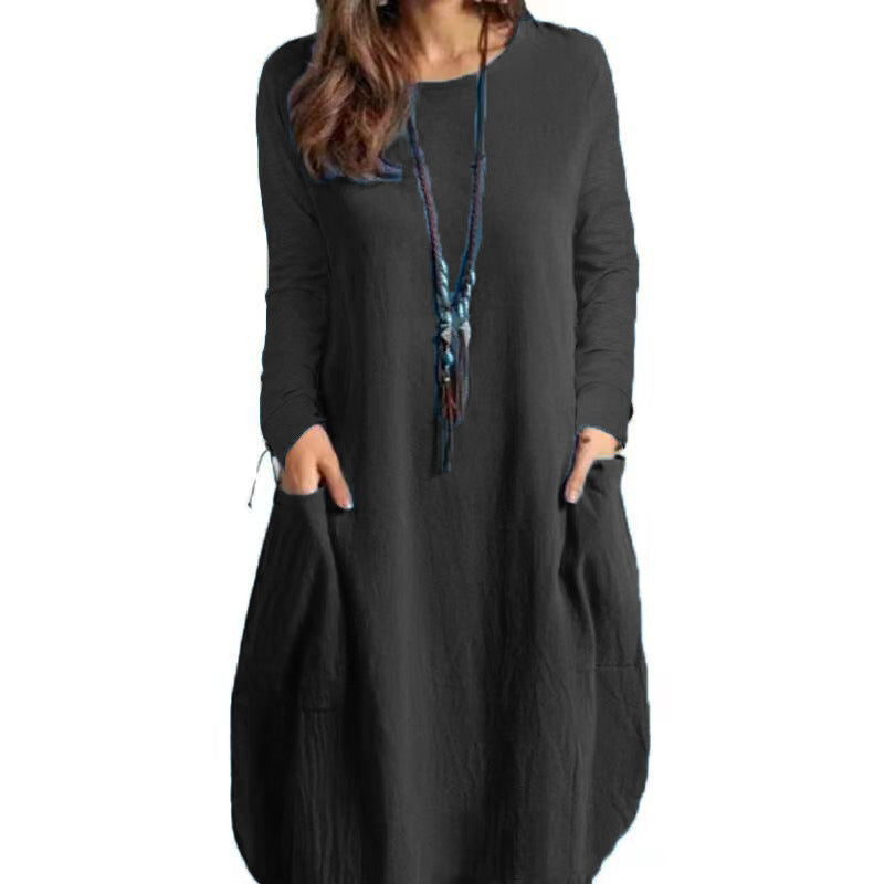 IvyShape | Relaxed Cotton Linen Solid Color Pocket Long Sleeve Dress