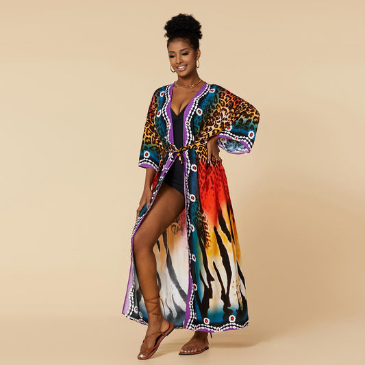 Women's Beach Cover-Up Robe with Artistic Animal Print and Fine Details Ivyshape