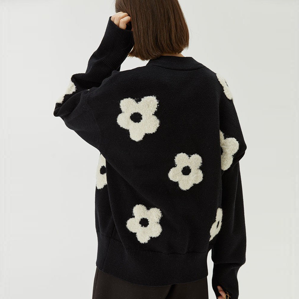 Women Fashionable Knitted Cardigan with Floral Applications Ivyshape